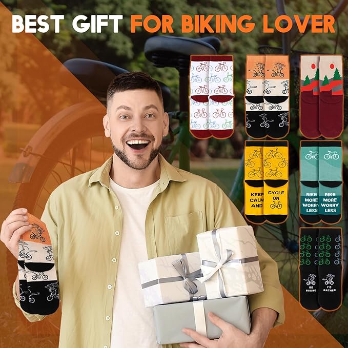 Zoooyawn 6 Pairs Cycling Biking Socks for Men Women Biking Gifts Bulk Funny Crew Socks for Mountain Bike Sports Lovers Gifts