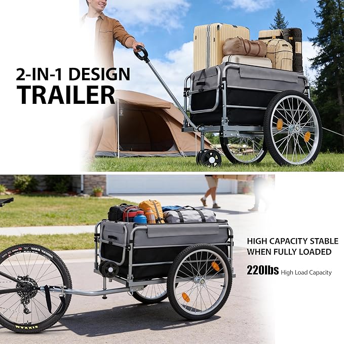 Aluminum Bicycle Trailer, Foldable Bike Cargo Trailer with Universal Hitch, Removable Oxford Fabric Cover, Bicycle Trailers Folding, for Camping, Groceries, 220 LBS Load Capacity, Black+Gery