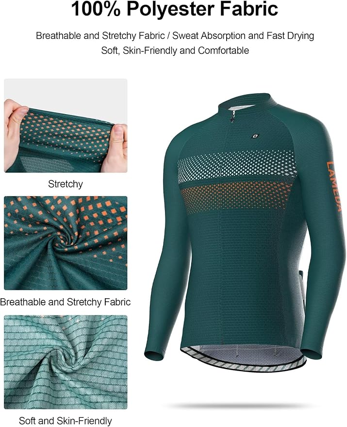 LAMEDA Men's Cycling Jersey Long Sleeve, Breathable Moisture Wicking Bike Shirt, Lightweight Biking Shirt with 3 Rear Pockets