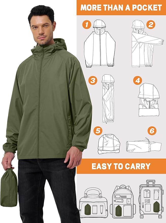 Men's Rain Jacket Windbreaker Waterproof Jacket Raincoat Cycling Running Hiking Gear Hood Lightweight Packable