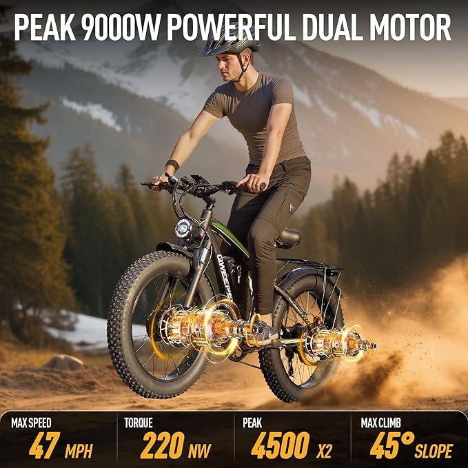58V Max-Output Dual Motor Ebike, Peak 9000W for Adults 36AH Battery 47MPH 105 Miles Range 24 Inch Fat Tire Electric Bike LCD Display for Man Women