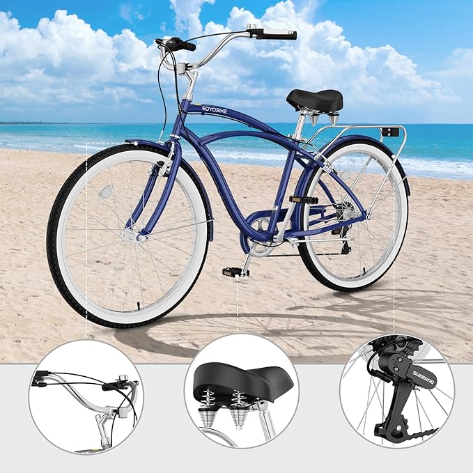 MOPHOTO 24" 26" Adult Bike 7-Speed Beach Cruiser Bike for Adults, Rear Rack, Fenders, Step-Through or Classic Frame