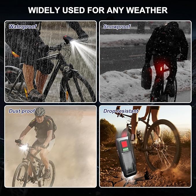 Bike Light, Sloar & USB Rechargeable Bicycle Light Set with Horn, Super Bright LED Bike Lights for Night Riding Front and Back, Waterproof Safety Headlight and Rear Taillight Set
