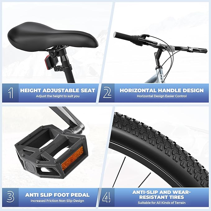 Outroad 26 Inch Mountain Bike, 7/21-Speed/High-Carbon Steel/Aviation Grade Frame, Dual Disc/V Brake, Adjustable Ergonomic Seat Bicycle for Men Women Adult, Quick Assembly in 20 Minutes