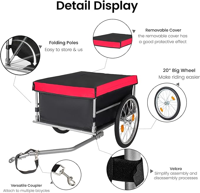 Aluminum Bicycle Trailer, Foldable Bike Cargo Trailer with Universal Hitch, 20'' Wheels, Removable Cover, Folding Frame Quick Release, Ebike Trailers for Camping, Groceries, 120 LBS Capacity, Red