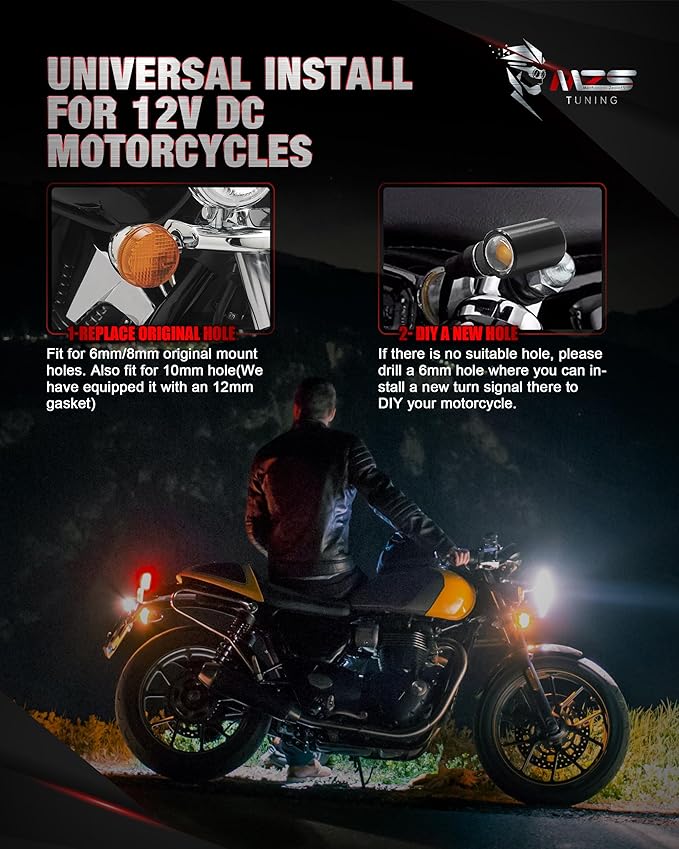 MZS Motorcycle LED Turn Signals, Front Light Amber+Amber and Rear Red Mini Brake Tail Light Blinkers, Minimalist Design, Universal 6mm Screw Compatible with Most Family Motorcycles