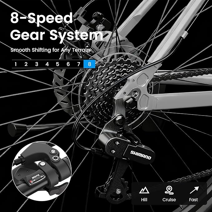MOPHOTO Hybrid Bike for Adults, 700C City Commuter Bicycle, Lightweight Aluminum Frame, 8-Speed Urban Fitness Bike for Men&Women, Dual Disc Brakes, Upright Flat Handlebar, LED Headlight & Reflectors