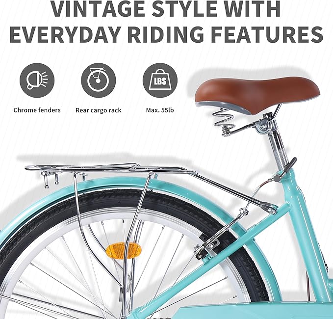 24/26in Beach Cruiser Bike for Women, Adults Bicycle Single Speed, Bicycle for Women with Basket & Steel Rack, Women's Bike for Commuting, Step Through City Bike for Adults