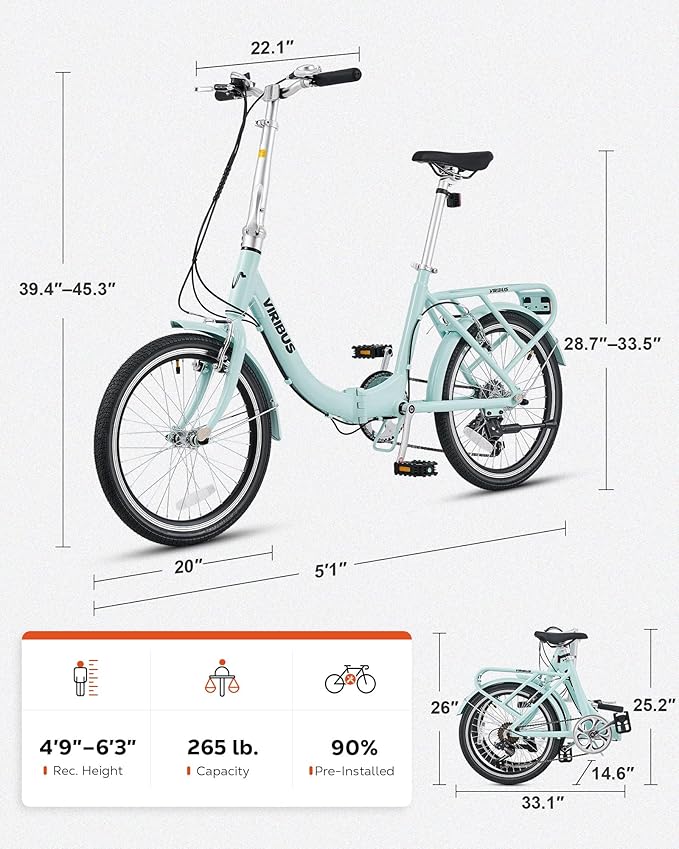 VIRIBUS Folding Bike, 20 inch Lightweight Foldable Bike for Adults 7 Speed with Aluminum Frame, Basket & Rear Rack, Step Through Collapsible Bike for Women Men Seniors City Commuter