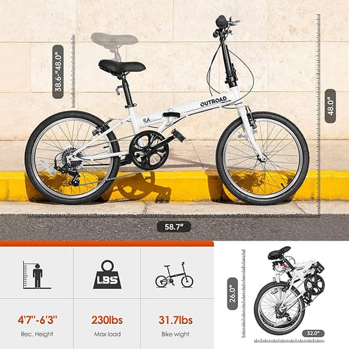 20 inch Folding Bike, 7-Speed Lightweight Foldable Bicycle,Compact Commuter City Bike with Adjustable Stem&Seat,Portable Collapsible Bike for Adults/Men/Women,White,Pink,Black,Blue