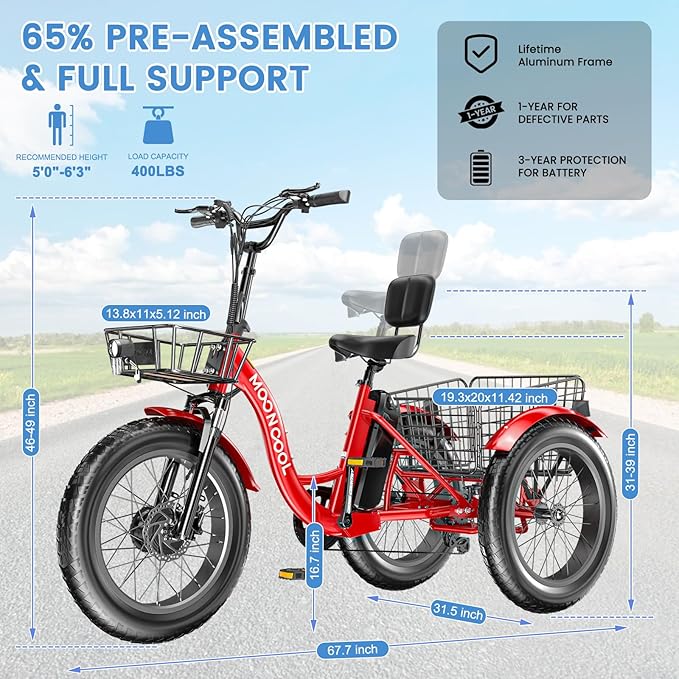 MOONCOOL 1000W 4" Fat Tire Electric Tricycle for Adults, 48V 14.5Ah All-Terrain Aluminum 20" E-Trike, Front Suspension, 7-Speed, 400lbs Max Payload