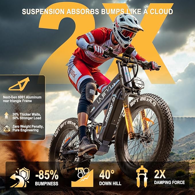FREESKY Dual Battery Electric Bike for Adults, 48V 41AH 160 Miles Long Range E Bike, 4000W Motor 40MPH+, 26" Fat Tire Fast Mountain EBike, Full Suspension & Hydraulic Brakes, UL 2849 Certified by TÜV