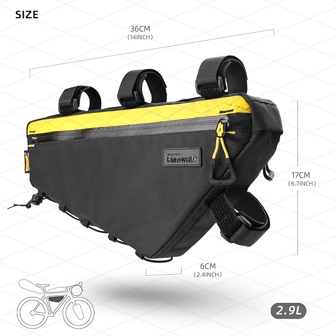 Rhinowalk BHD0018 Bike Frame Triangle Bag 2.9L, Waterproof Storage Bag with YKK Zippers, Cable Port & Pump Holder, Fits Hydration Pack – Black