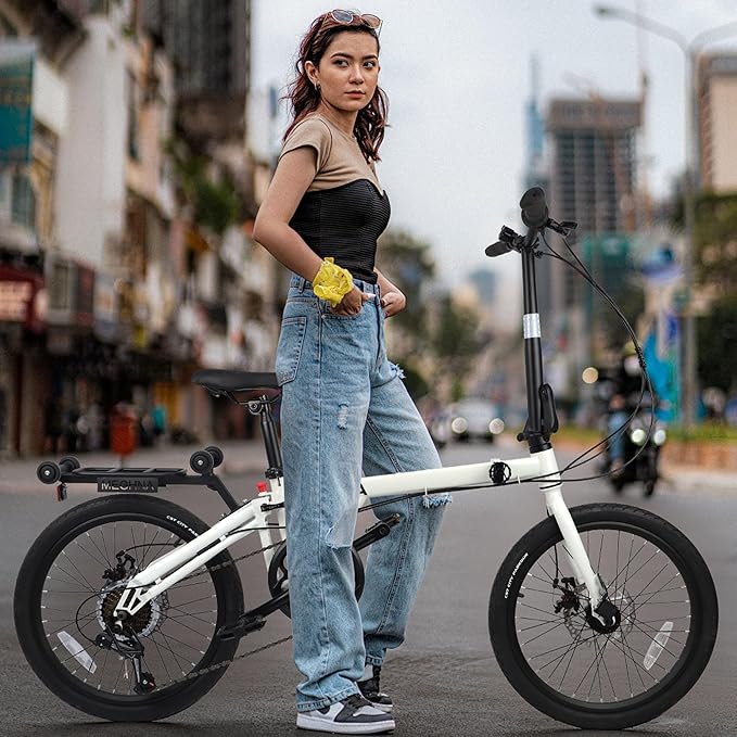 7-Speed Folding Bike, 20" x 1.95" Tires, Tri-Fold Design with Rear Rack Wheels, Steel Frame, Ideal for Urban Commuting
