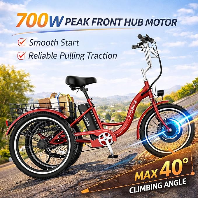 MOONCOOL MONCOOL Adult Electric Tricycle, 350W Front Drive Motor (Peak 700W), 15.5MPH E-Trike with Removable 36V 14.5Ah Battery, 60 Miles Range, 24/26 Inch 7-Speed 3 Wheel Electric Bike, Large Basket