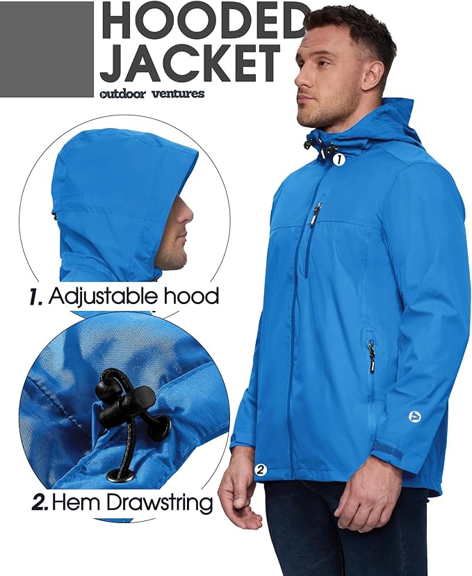 Outdoor Ventures Men's Packable Rain Jacket Waterproof Lightweight Raincoat with Hood Windproof Cycling Jackets