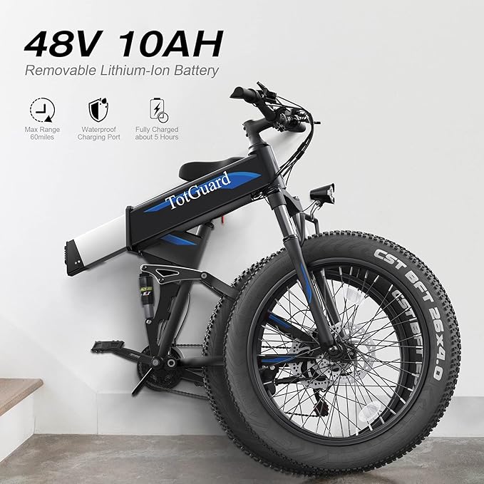 Wooken 26" x4.0 Fat Tire Electric Bike, Folding Electirc Bike for Mountain Commuter, Peak 1000W Motor 21.6 MPH, Ebikes for Adults with 48V/10.4Ah Removable Battery, Suspension Fork, 21 Speed Ebike