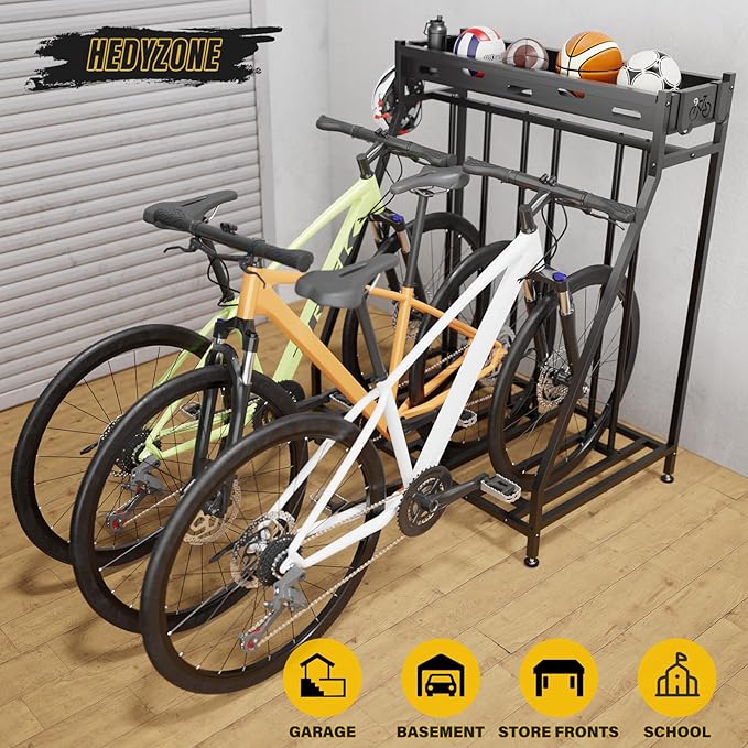 3 Bike Stand Steady Bike Rack Garage with Baskets Storage Indoor Bike Storage Rack Metal Floor Bicycle Station for Parking Suitable for Mountain, Hybrid, Adult and Kids Bikes