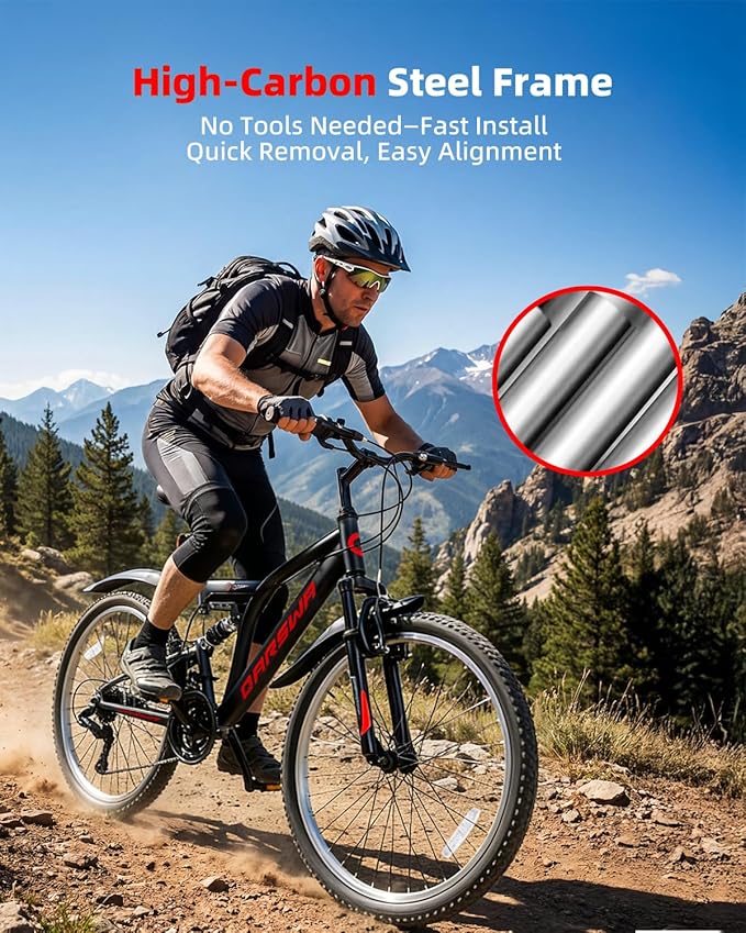 24 Inch Mountain Bike for Men & Women, 21-Speed Full Suspension MTB, High-Carbon Steel Frame, Quick Release Front Wheel, Dual Fenders, Easy Assembly, Trail & Commuter Bicycle