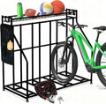 Kapler Bike Stand Rack - 4-Bicycle Floor Parking with Storage Basket & Anti-Slip Base for Garage Backyard Indoor & Outdoor Use - Fits Mountain Road & Hybrid Bikes