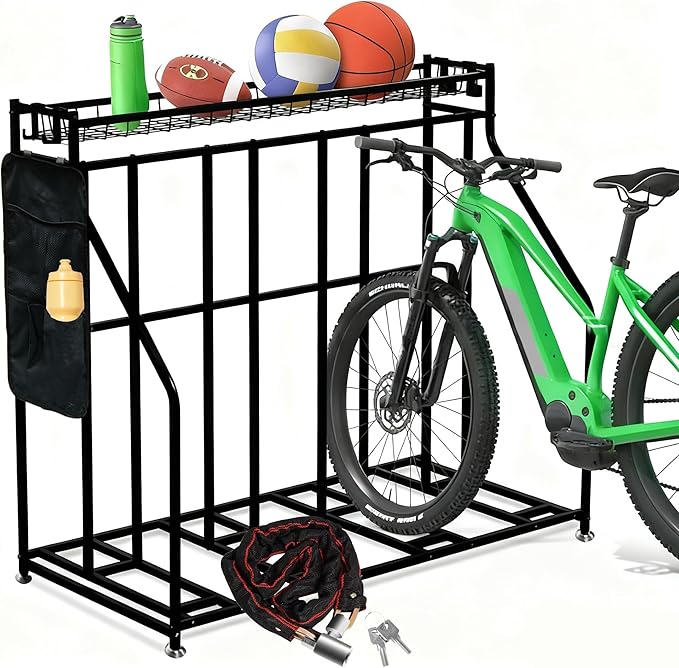 Kapler Bike Stand Rack - 4-Bicycle Floor Parking with Storage Basket & Anti-Slip Base for Garage Backyard Indoor & Outdoor Use - Fits Mountain Road & Hybrid Bikes