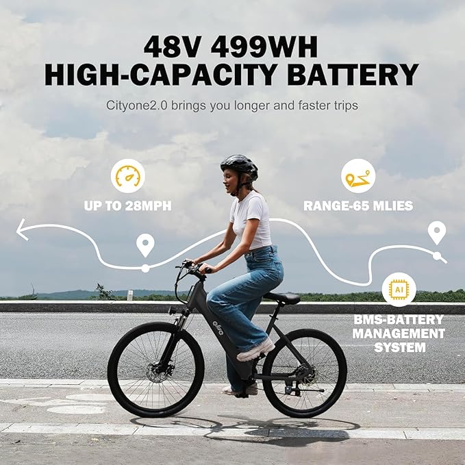 Qlife Cityone 2.0 Electric Bike for Adults,Up to 65Miles,28MPH,1200W Peak Motor 26" Ebike,499WH Certified Battery Electric Commuter Bicycle with Front Suspension & 7-Speed Ebikes