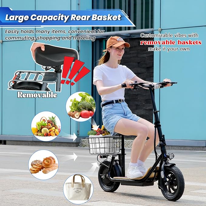 Caroma Peak 1200W/800W Electric Scooter with Seat, 30 Miles Max Range, Electric Scooter Adults, Up to 20MPH Foldable Escooter with Basket,Key Start Adjustable E-Scooter