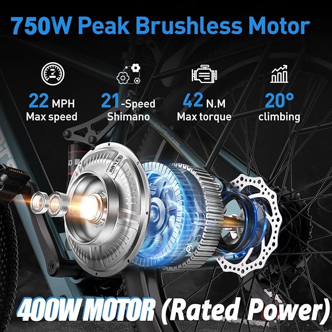 Electric Bike, 23Mph Speed, 13Ah Battery & 750W Motor, 21-Speed & Dual Suspension Ebike, Long Range 40 Miles, 26"/24 Inch Electric Mountain Bicycle for Adults