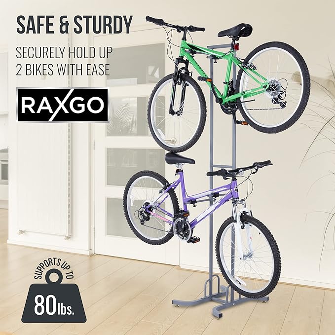 RaxGo Bike Garage Storage Rack, 2 Bicycle Garage Floor Stand, Freestanding, Adjustable Hooks, for Mountain & Road Bicycles, Universal for Indoor Use
