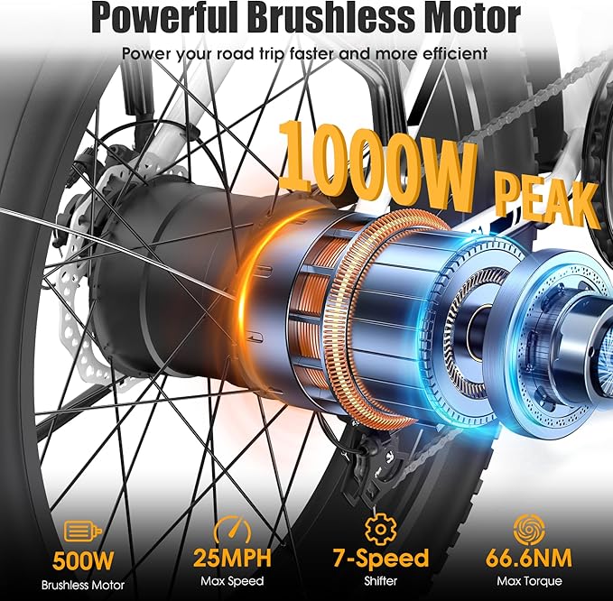 Electric Bike for Adults, 1000W Peak 25MPH 60Miles Ebike,48V 13AH Battery Electric Mountain Bike, 26" x 4'' Fat Tire Electric Bicycle with Rear Rack, Fenders, 7 Speed, UL 2849 Certified