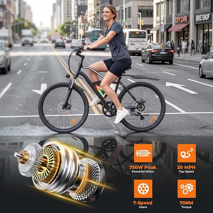 Electric Bike, 750W Peak Motor, 60+ Miles & 20MPH, 26'' Tires E-Bikes, Shock Absorber, Commuting Electric Bike for Adults