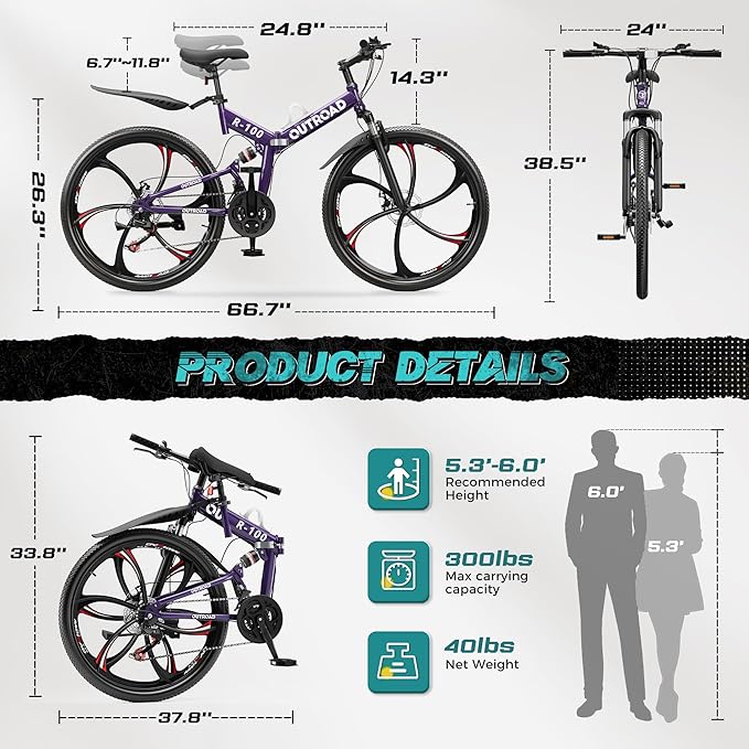 Betterland 26 Inch Mountain Bike, 21 Speeds Full Suspension Folding Bikes, Dual Disc Brake, High Carbon Steel Frame and Non-Slip Quick Release tire Bicycle for Adult