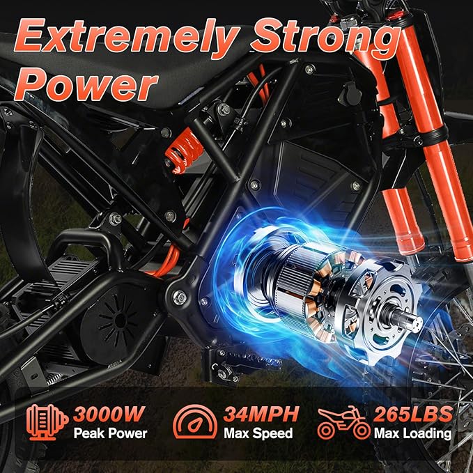 Electric Dirt Bike 3000W for Adults/Teens, 220Nm High-Torque Brushless Motor, 45° Slope Climbing, 38 MPH Off-Road Motorcycle with 48V 21Ah Removable Battery & Hydraulic Brakes