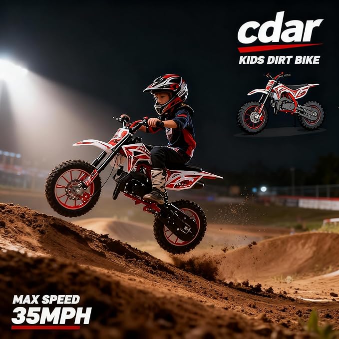 cdar 49CC 2-Stroke Kid Dirt Bike, Gas Dirtbike Children Motorcycle Gas Powered Off-Road Motorbike with Soft Seat Cushion Pocket Motorbike Front Rear Disc Brakes Birthday Gifts for Boys Girls 6-14 Red