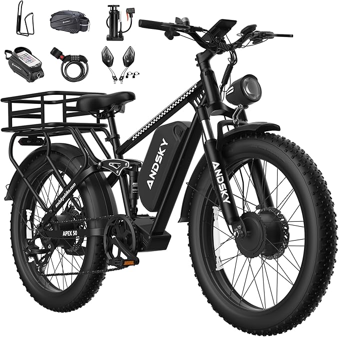 Apex 50 Electric Bike Dual Motor for Adults (CA Immediate-De'livery) 52V 25AH/48V 25AH, 26" Fat Tires Full Suspension 35MPH/100Mile, Hydraulic Brake