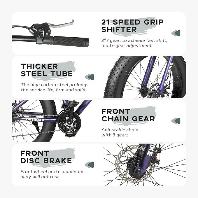 Outroad Fat Tire Mountain Bike with 26 inch Wheels, 21 Speed with High Carbon Steel Frame, Double Disc Brake and Front Suspension Anti-Slip Bikes