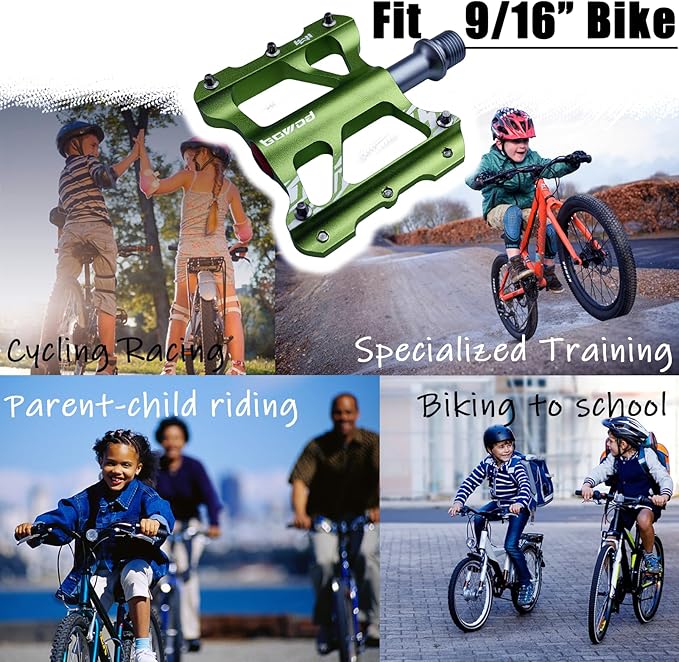 Youth MTB Mountain Bike Colored Pedals, Small Road Bike Pedals Womens MTB Flat Pedal, Kids BMX Pedals for Children's bicyle and Kid's Bike 9/16, CNC Aluminum Pedal w Cr-Mo Axel, 2Bearings,10Pins
