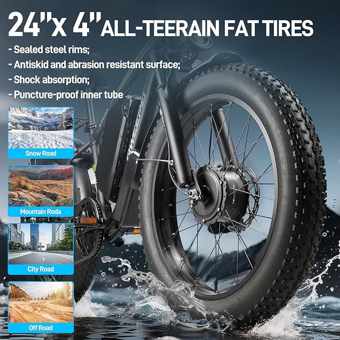 58V Max-Output Dual Motor Ebike, Peak 9000W for Adults 36AH Battery 47MPH 105 Miles Range 24 Inch Fat Tire Electric Bike LCD Display for Man Women