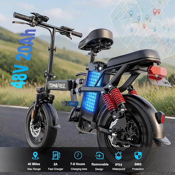 Tomofree T0 Electric Bike for Adults and Teens with 750W Peak Motor, 14" Commuter E-Bike, 24MPH, 40 Miles PAS Range, Folding Ebike with Full Suspension and Removable 48V 20AH Battery (T0)