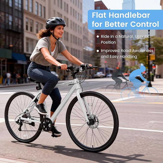 700C Hybrid Bike for Adults, Lightweight Aluminum City Commuter Bicycle, 8-Speed Urban Fitness Bike for Men & Women, Dual Disc Brakes, Upright Handlebar, LED Headlight & Reflectors