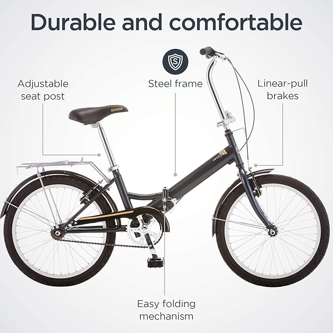 Schwinn Hinge Adult Folding Bike, 20-inch Wheels, Rear Carry Rack, Carrying Bag, Multiple Colors