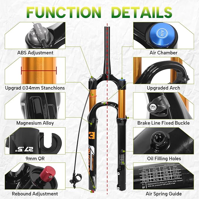 BUCKLOS 26/27.5/29 inch Travel 140mm MTB Air Suspension Fork, Rebound Adjustment 34mm Stanchions 1-1/8" Threadless Straight/Tapered 9*100mm QR Manual/Remote Lockout XC AM Mountain Bicycle Front Forks