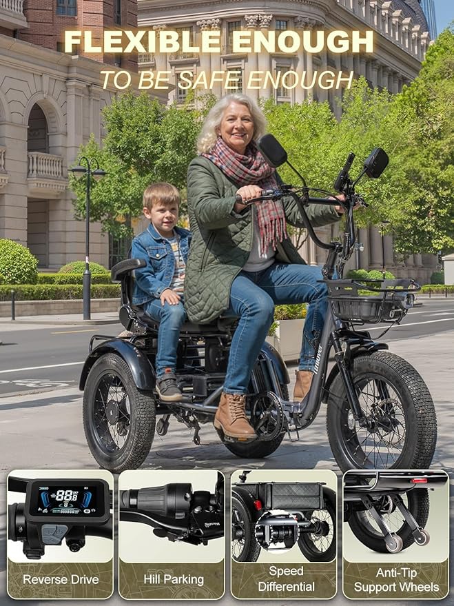 Folding Electric Tricycle for Adults 2 Seater, 22MPH 100 Miles 4" Wide Fat Tire Electric Trike, 3 Wheel Electric Bike 1200W, 48V 20AH Battery, 550LBS Load, Reverse, Parking, Differential, UL Certified