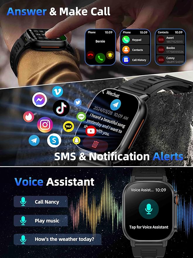 KPEP Military Watches for Men (2 Straps), 2.01" Fitness Tracker Watch with LED Flashlight, 100 Days Battery, Compass, SpO2 Heart Rate Monitor, Sleep Tracking, Reminders, Military Watch for iOS Android