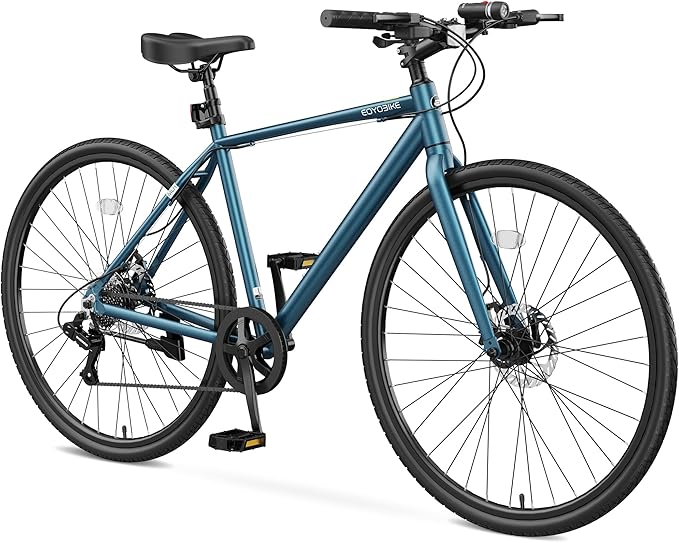 700C Hybrid Bike for Adults, Lightweight Aluminum City Commuter Bicycle, 8-Speed Urban Fitness Bike for Men & Women, Dual Disc Brakes, Upright Handlebar, LED Headlight & Reflectors