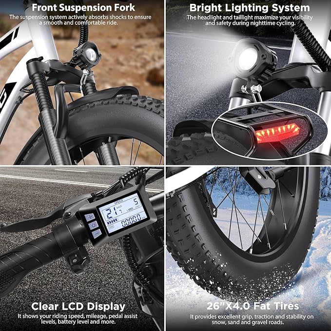 Electric Bike for Adults, 1000W Peak Ebike, 25MPH 60Miles Electric Mountain Bike, 26" Fat Tire Electric Bicycle with 48V 13AH Battery, Front Suspension,7 Speed, Rear Rack, UL 2849 Certified