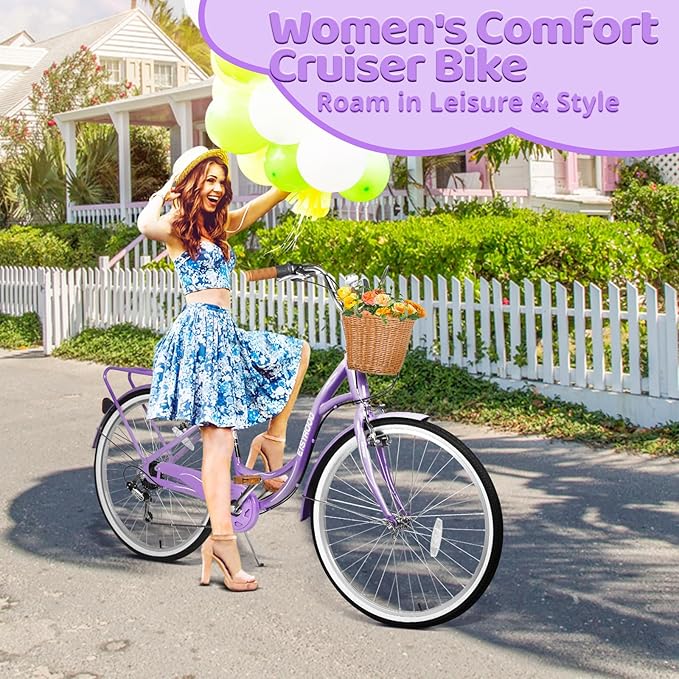 26 Inch Folding Beach Cruiser Bike for Women, 7-Speed Ladies Bike with Basket & Rack, Perfect for City Commuting's Bicycle, Ideal for Women and Adults