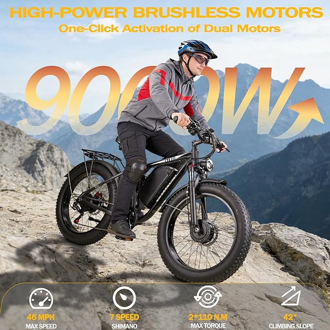 Peak-9000W-Dual-Motor-Electric-Bike for Adults, 52V 34AH Battery Up To 105 Miles, 42-46M PH Fast-Dual-Motor-Ebike,24"*4" Full-Suspension-Women-Men-Fat-Tire-Electric-Bicycle for Mountain Snow Off-Road