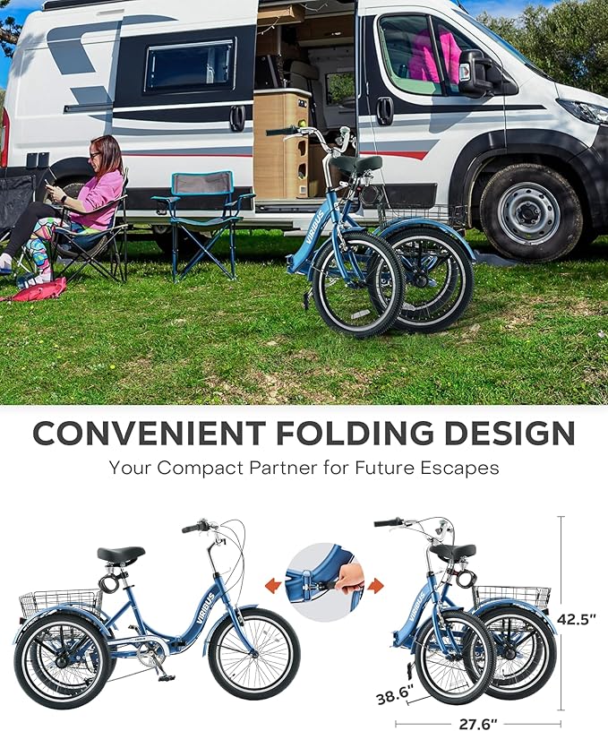 VIRIBUS Folding Tricycle for Adults, 20 inch Foldable Adult Tricycle 1 or 7 Speed Speed with Basket, Folding 3 Wheel Bikes for Adults Senior Women Men, Collapsible Mini Trike, Three Wheeler 330lb.