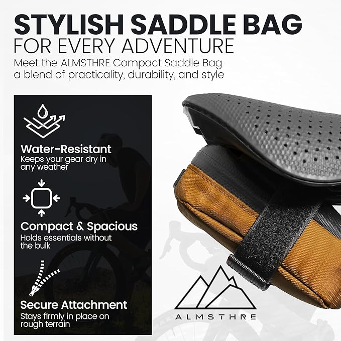 ALMSTHRE Compact Bike Saddle Bag – California Gold (Small) | 0.3L Bike Seat Bag (3" x 4.25" x 1.25") | Water-Resistant Ripstop, Waterproof Zipper, Internal Pocket | Durable Under Seat Storage